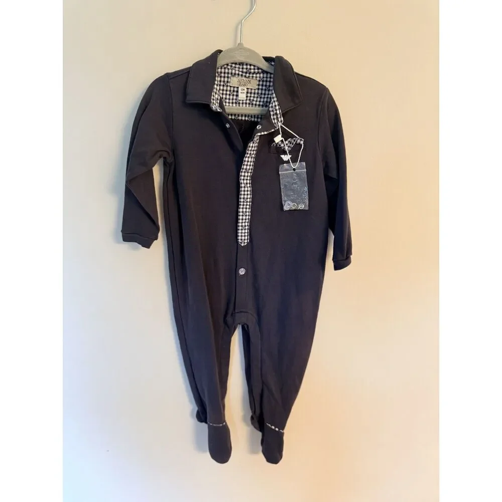 Armani Baby Footed Romper Navy Gingham Trim Logo 12M 74cm Designer Cotton